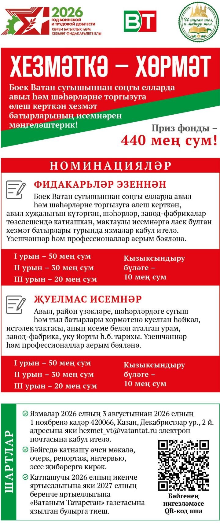 Хезмәткә хөрмәт: «ВТ» яңа бәйге игълан итә!